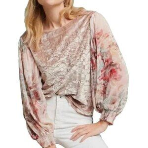 Meadow Rue Anthropologie Crushed Velvet Velour Baby Pink Boho Shirt Crinkle Top
